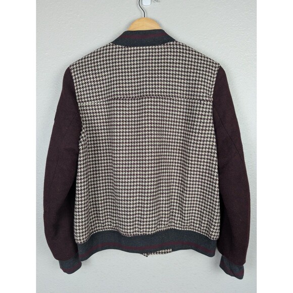 Zara Basic Jacket Womens Medium Burgundy Houndstooth Varsity Bomber Snap Lined - Picture 6 of 9